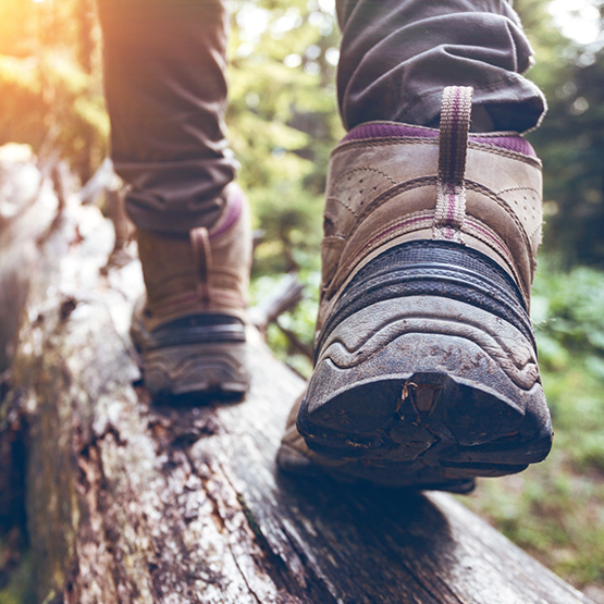 Person in hiking boots walking on a log in a forest