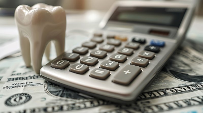 a calculator and tooth on top of money